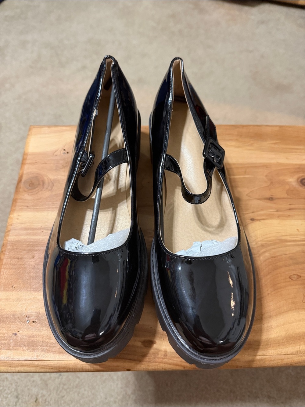 Black patent leather block heel with buckle strap
